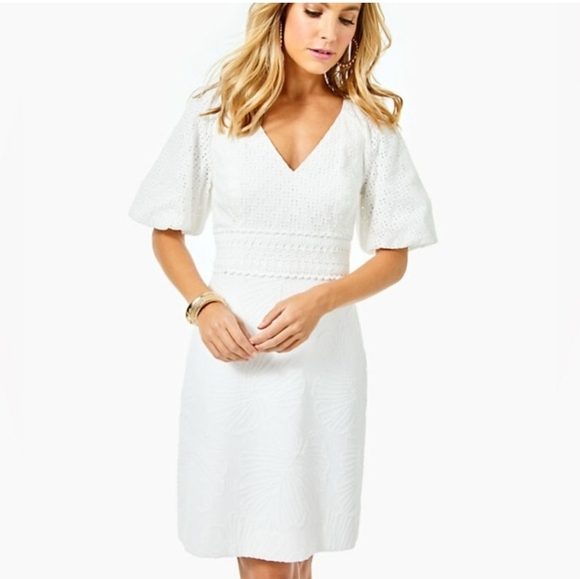 Lilly Pulitzer Dresses & Skirts - LILLY PULITZER Jazlyn Puff Sleeve Eyelet Jacquard Dress in Resort White XS 0